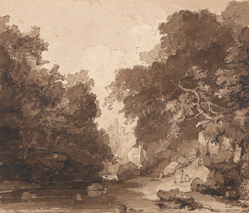 Roslyn Castle - a wooded river landscape by Thomas Peploe Wood