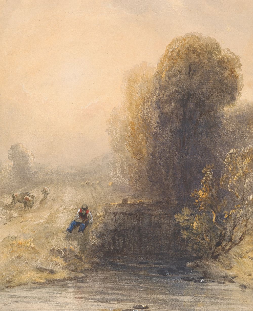 Figure Seated by a Stream at Sunset