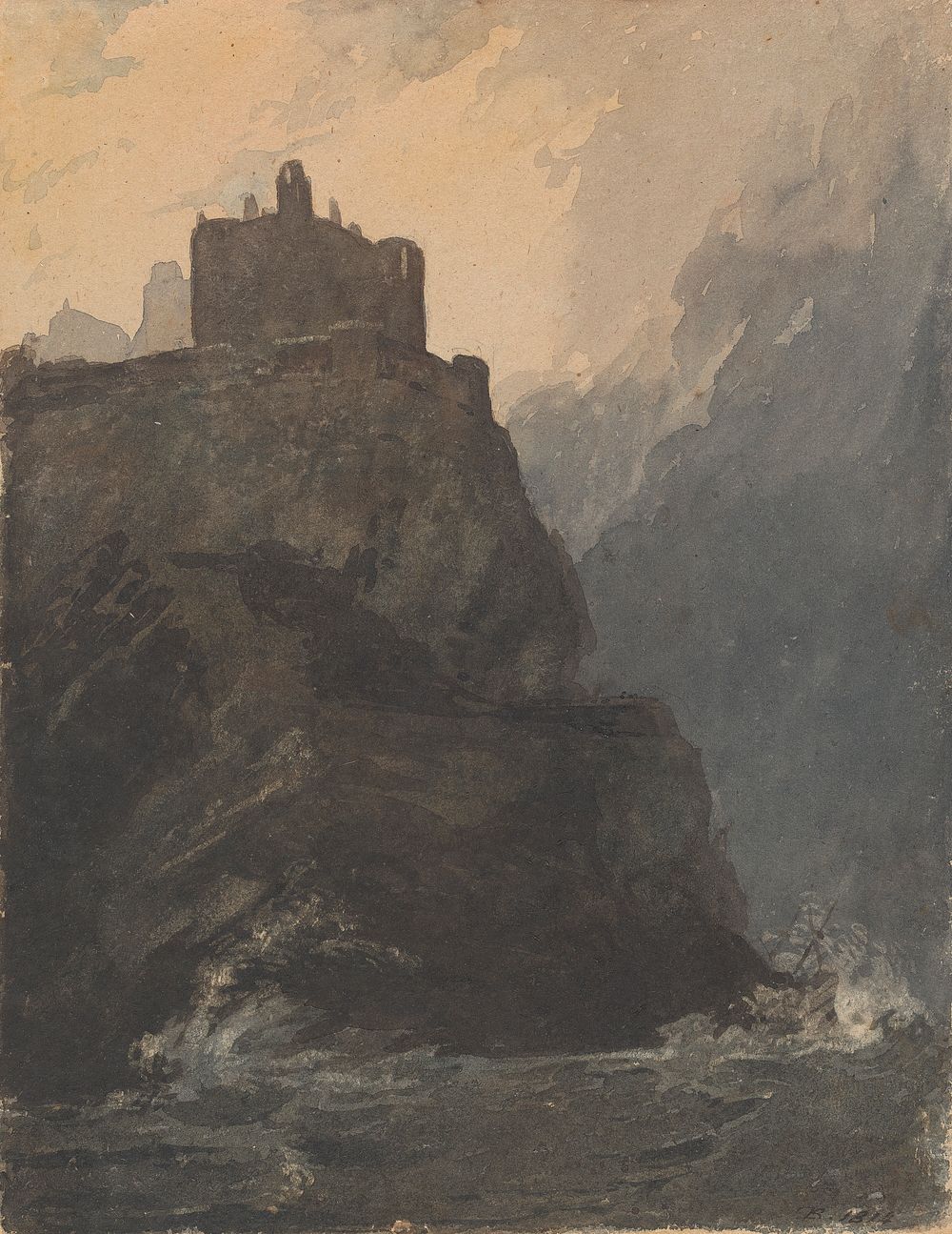Castle on Cliff, with a Stormy Sea, and Shipwreck at Base of Cliff by Thomas Sully