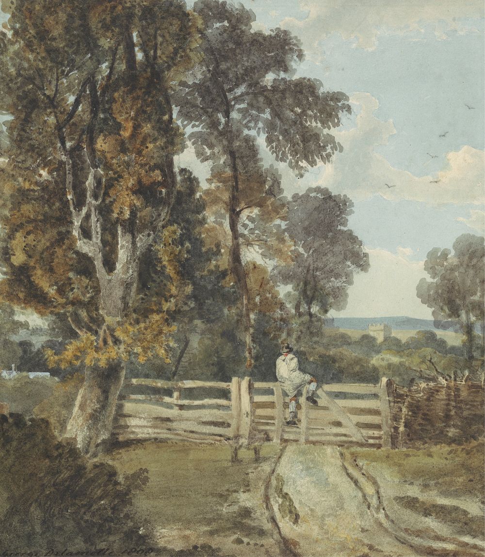 A Country Lane with a Farm Labourer Climbing a Five-bar Gate, 1808