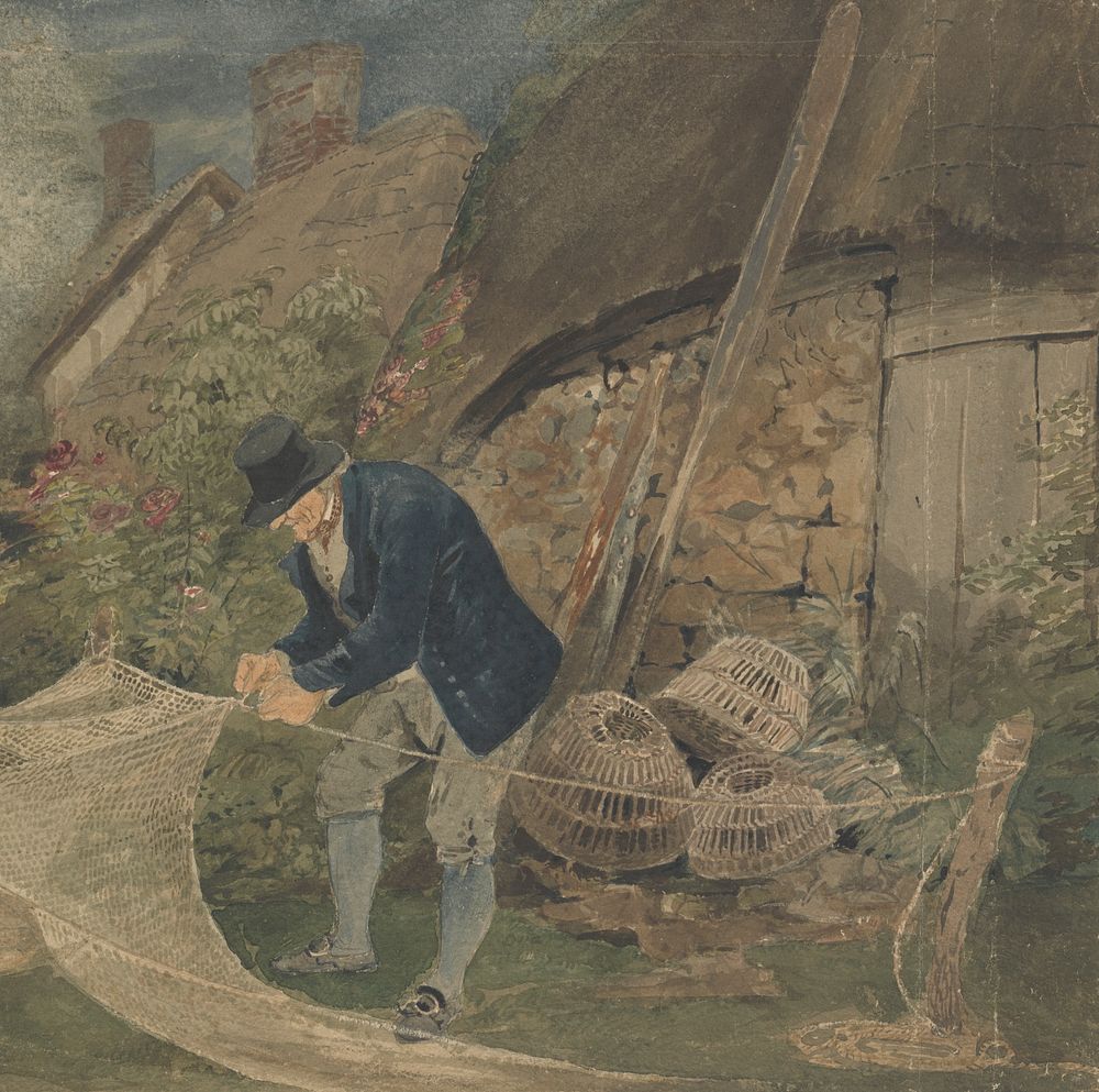 An Old Fisherman Repairing Nets with a Cottage in the Background