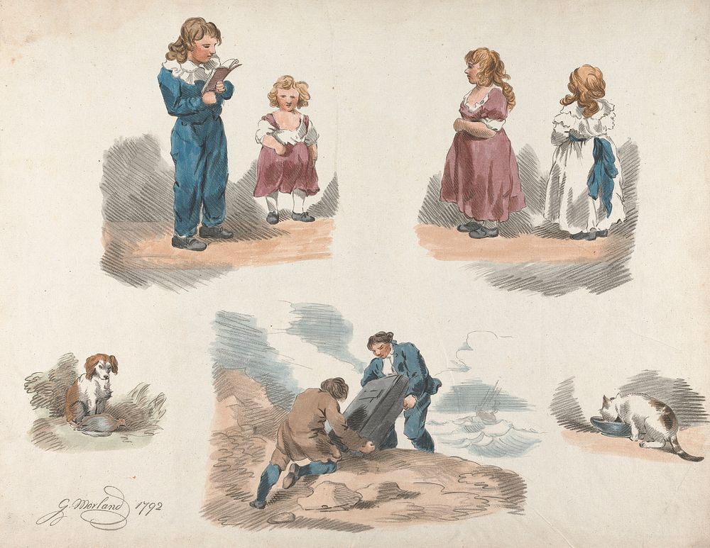 Set of Five:  Studies of Children, a Dog, a Cat, etc.