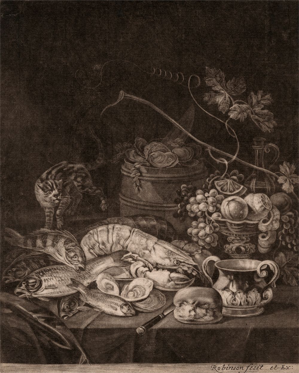 Banquet Piece with Lobsters, Fish, and Cat