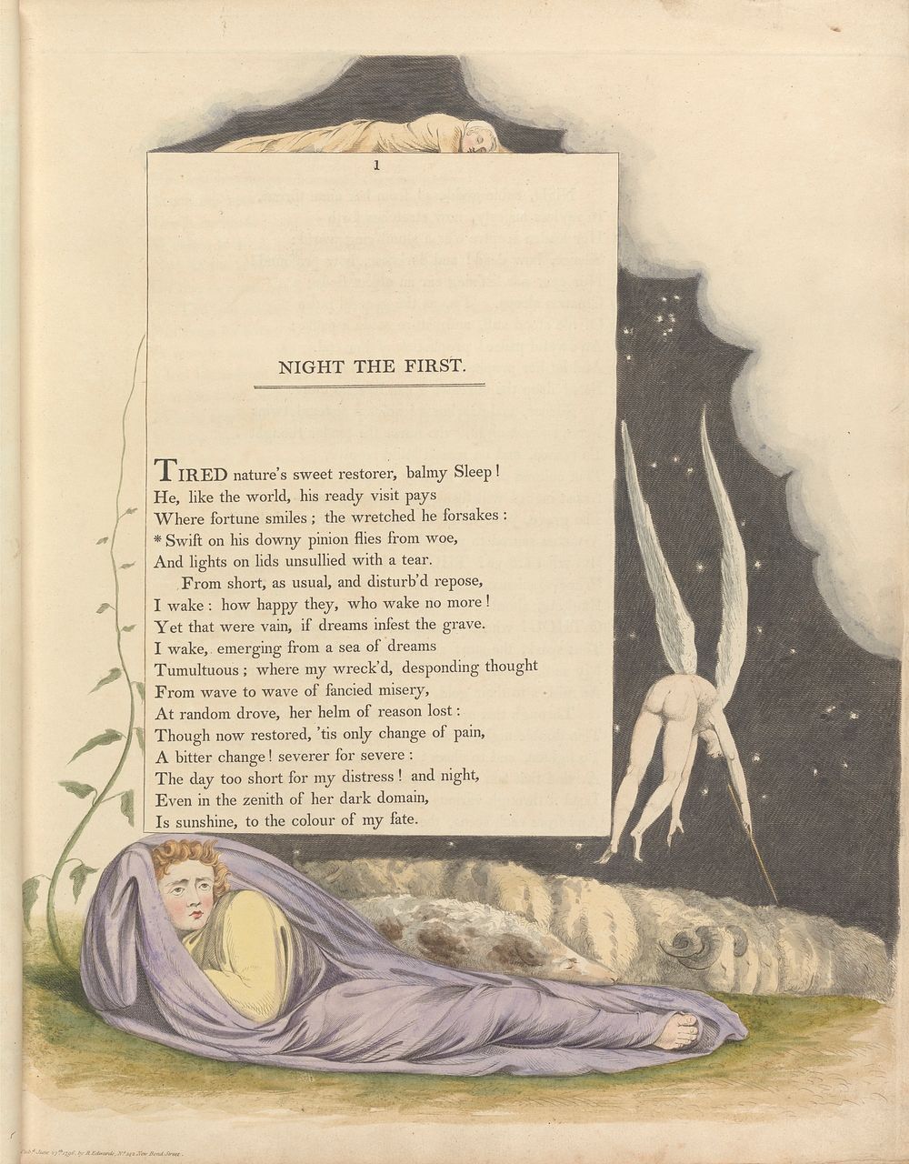 Young's Night Thoughts, Page 1, "Swift on His Downy Pinion Flies from Woe" by William Blake.