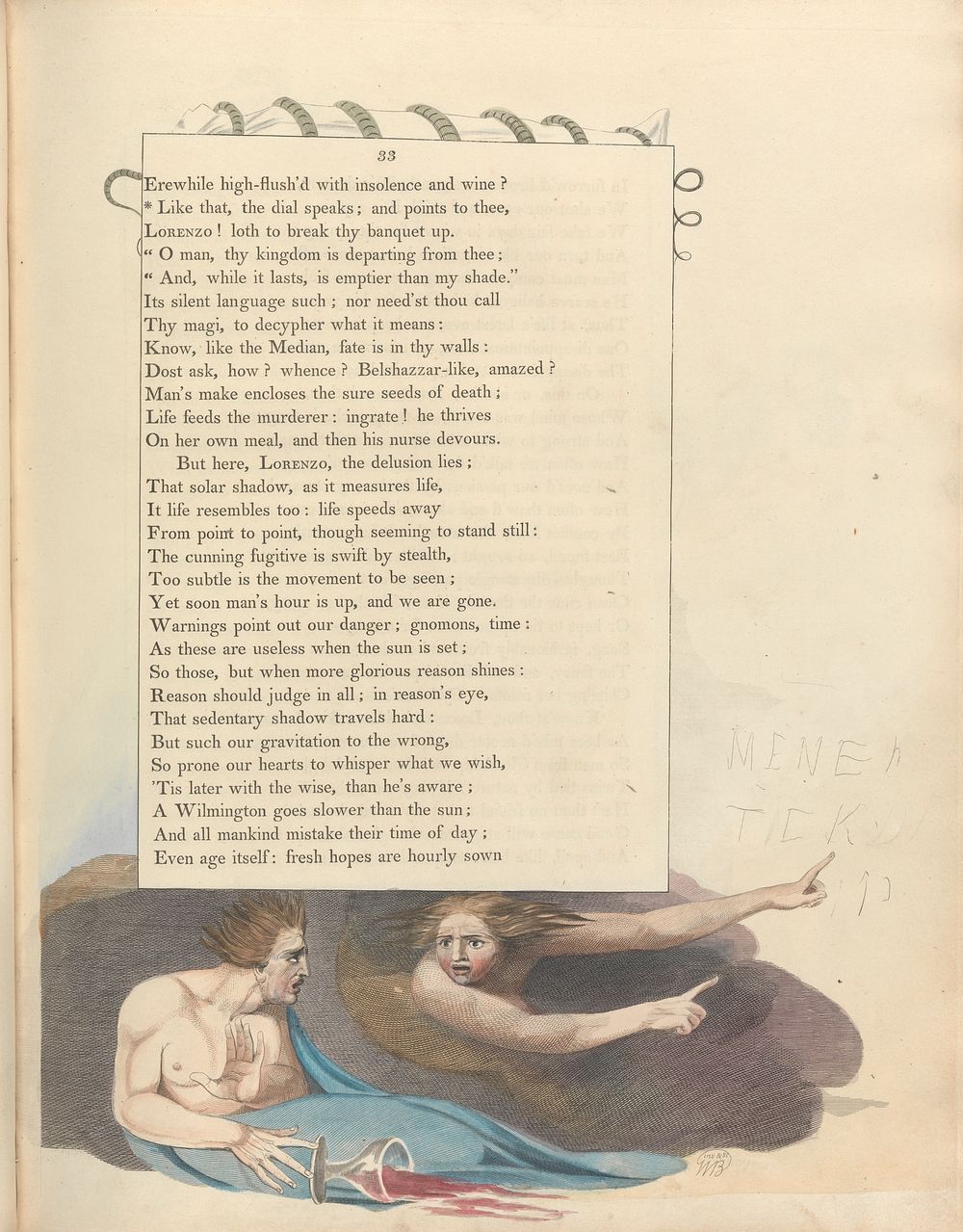 Young's Night Thoughts, Page 33, "Like that, the dial speaks; and points to thee" by William Blake.