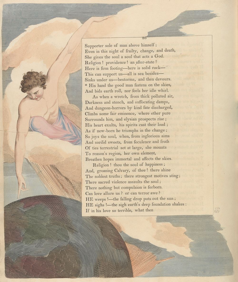 Young's Night Thoughts, Page 86, "His hand the good man fastens on the skies" by William Blake.