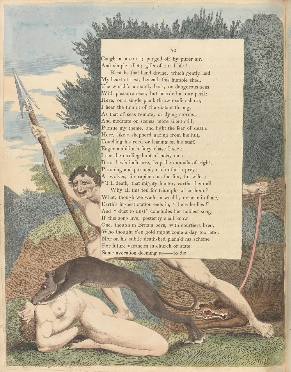 Young's Night Thoughts, Page 70, "'Till death, that mighty hunter, earths them all" by William Blake.