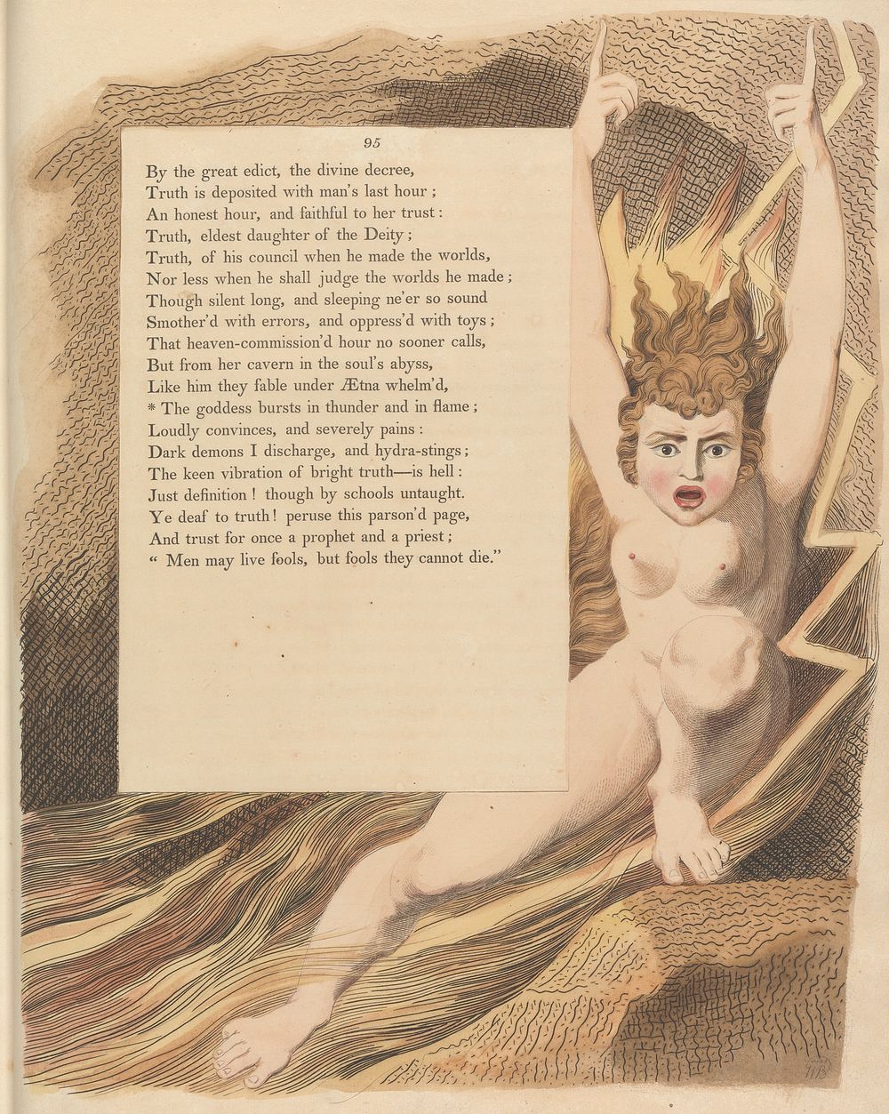 Young's Night Thoughts, Page 95, "The goddess bursts in thunder and in flame" by William Blake.