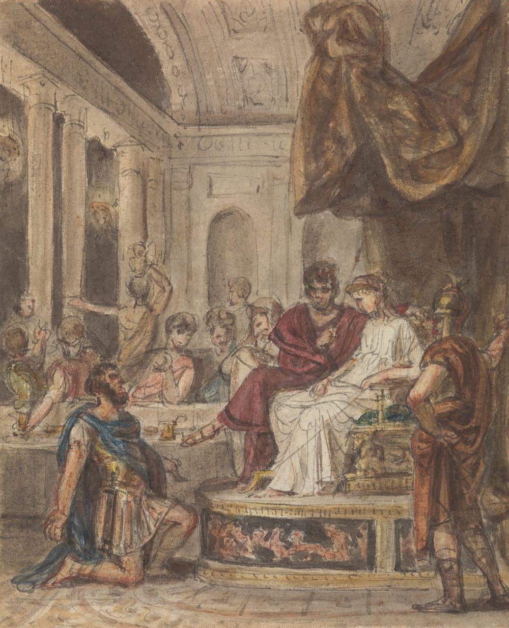 Banquet Scene, with a Roman Soldeir Kneeling to a Famale Figure Sitting on a Throne by Robert Smirke