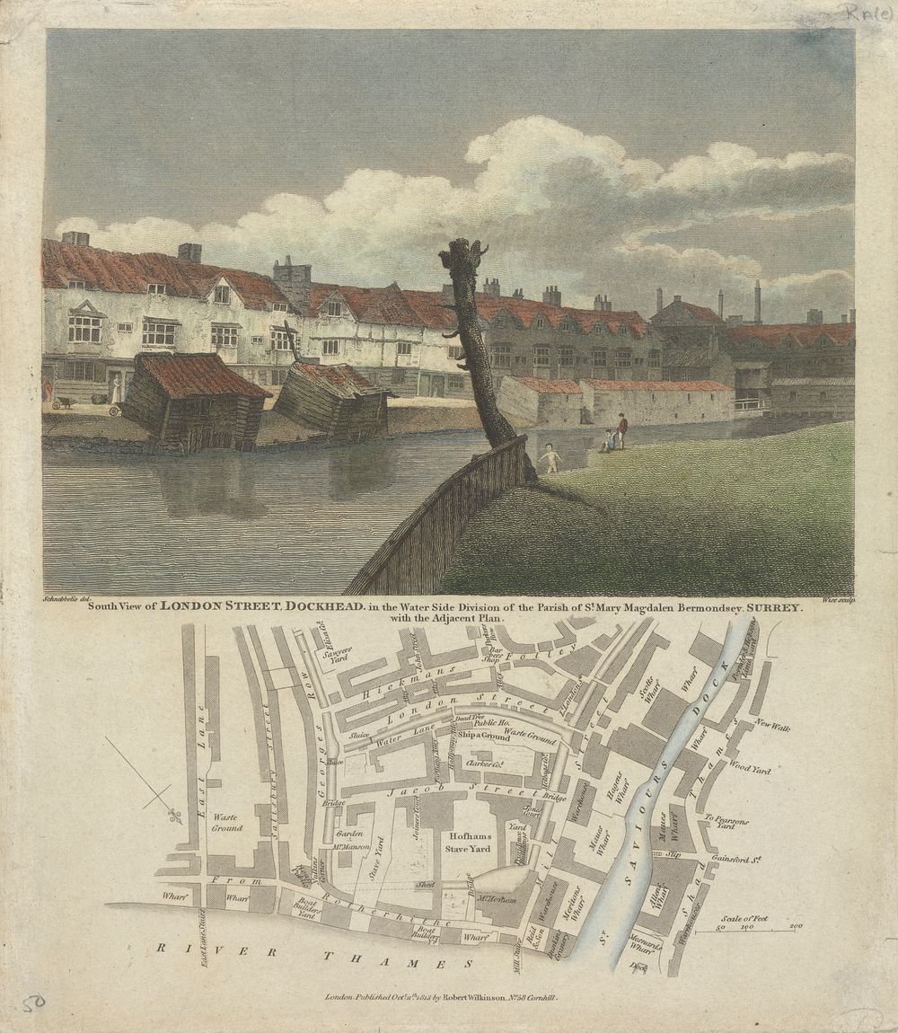 South View of London Street Dockhead and Plan of the Parish of St. Mary Magdalen, Bermondrey, Surrey