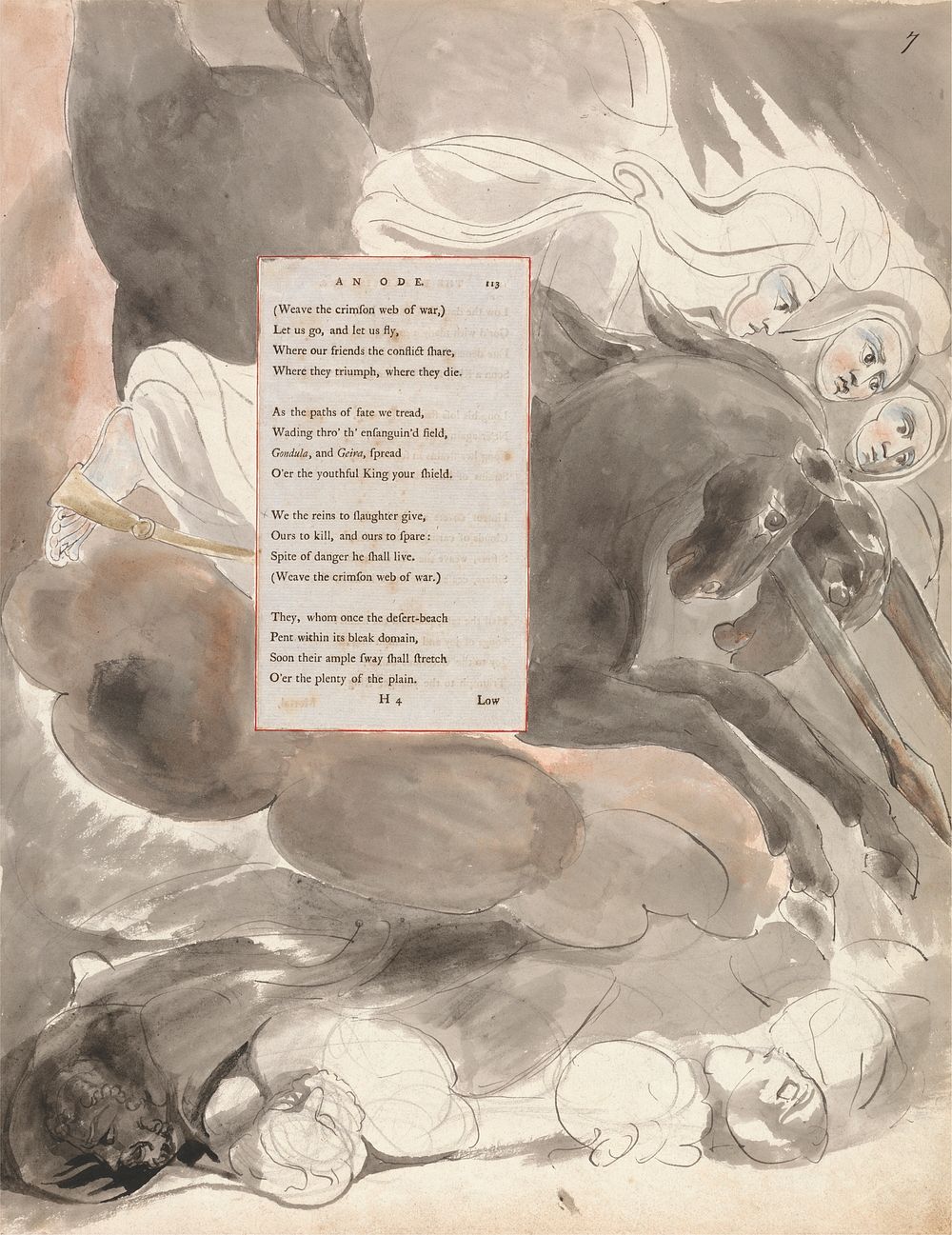 The Poems of Thomas Gray, Design 73, "The Fatal Sisters." by William Blake. Original public domain image from Yale Center…