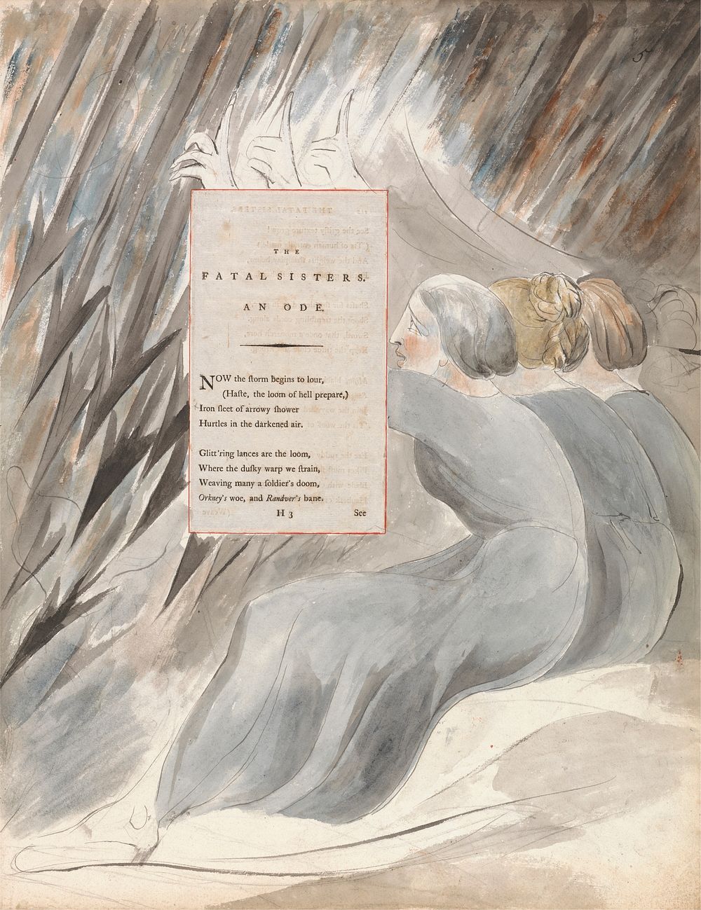 The Poems of Thomas Gray, Design 71, "The Fatal Sisters." by William Blake. Original public domain image from Yale Center…