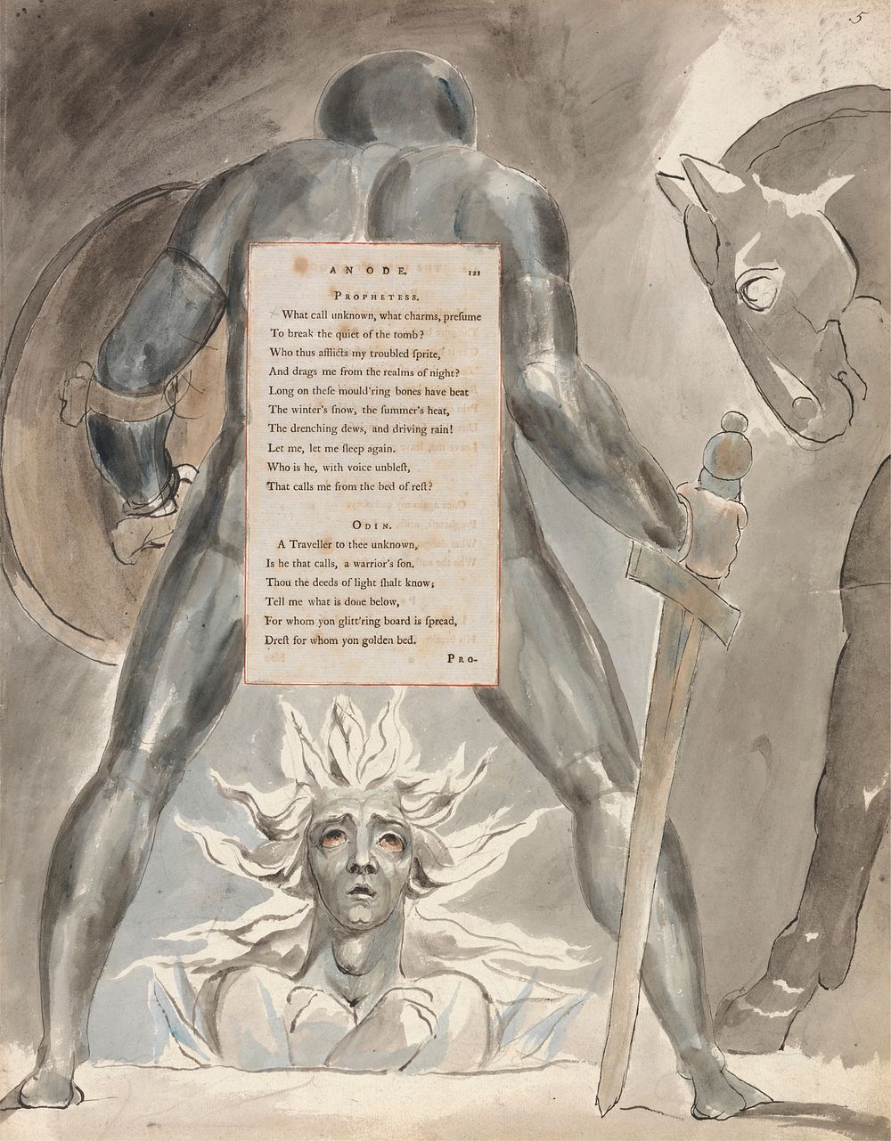 The Poems of Thomas Gray, Design 81, "The Descent of Odin." by William Blake. Original public domain image from Yale Center…