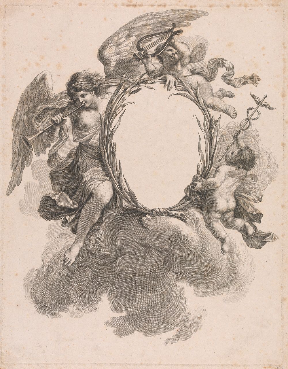 Vignette With Putti Carrying Hermes Staff And Lyre And Angel Blowing Trumpet, Three Muses by Francesco Bartolozzi 