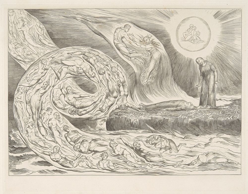 pl. 1: The Circle of the Lustful [' ...and like a corpse fell to the ground' Hell; Canto v. line 137.] by William Blake.…