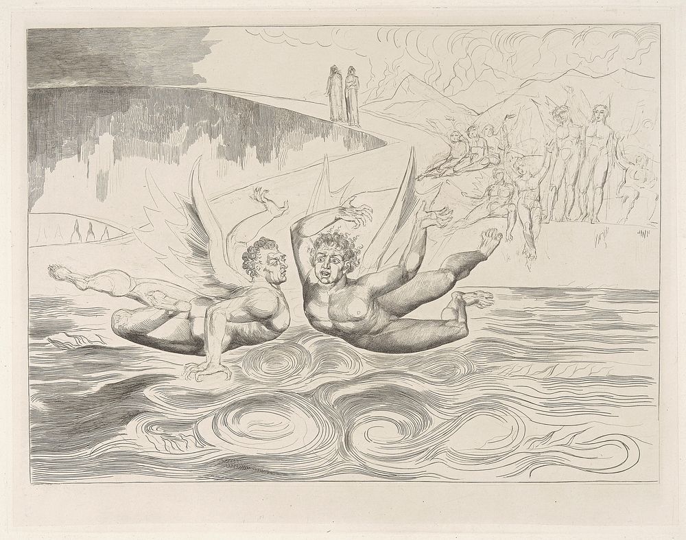 Pl. 3: Baffled Devils Fighting [' ... so turn'd/ His talons on his comrade.' Hell; Canto xxii. line 135] by William Blake.…