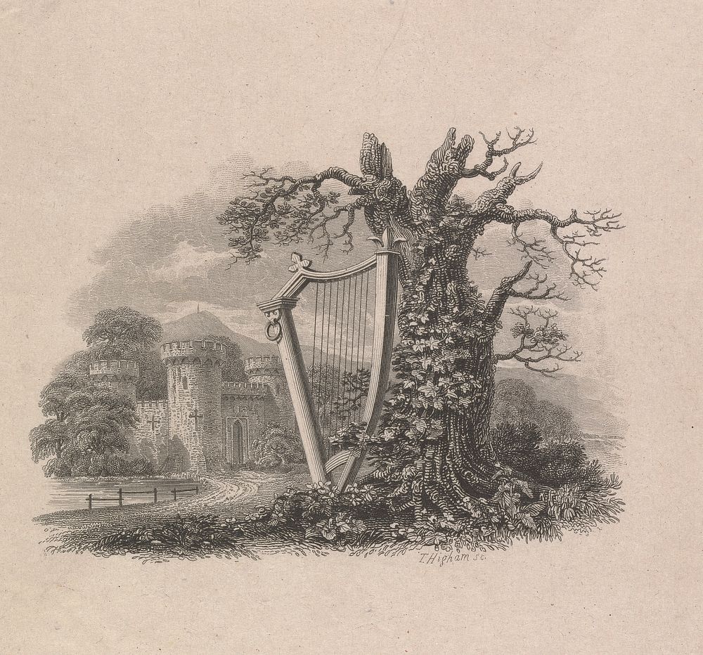 Harp against tree near a castle