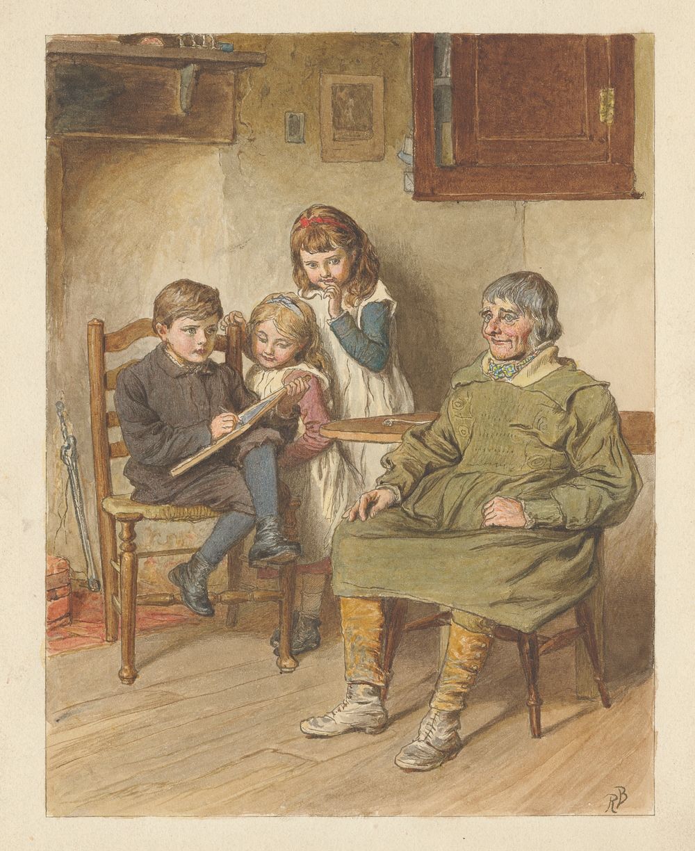 Boy Sketching a Man with Two Girls Watching