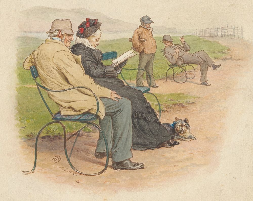 Elderly Couple on a Park Bench, with Two Men Beyond