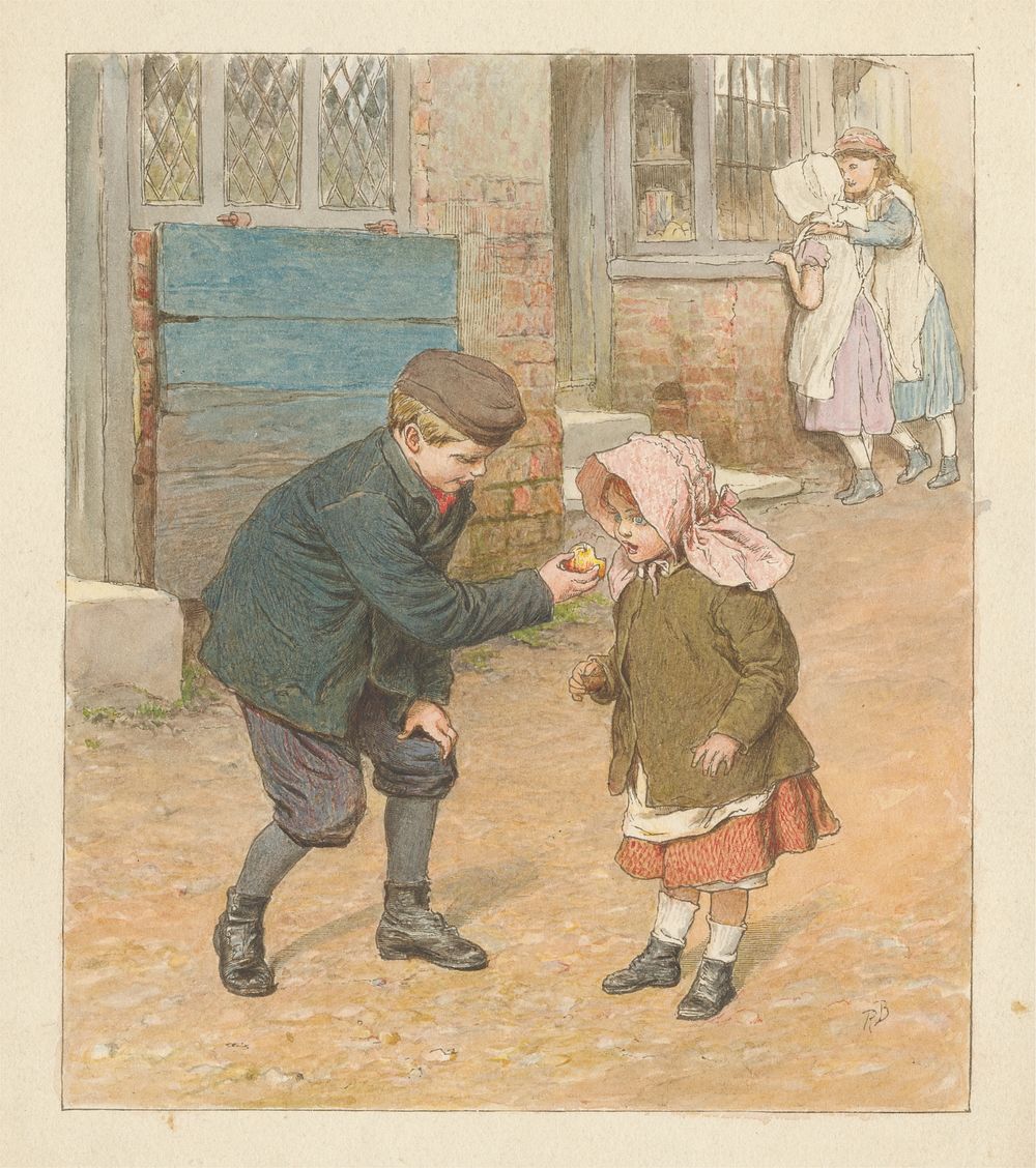 Boy Holding an Apple for a Girl with Two Girls Beyond