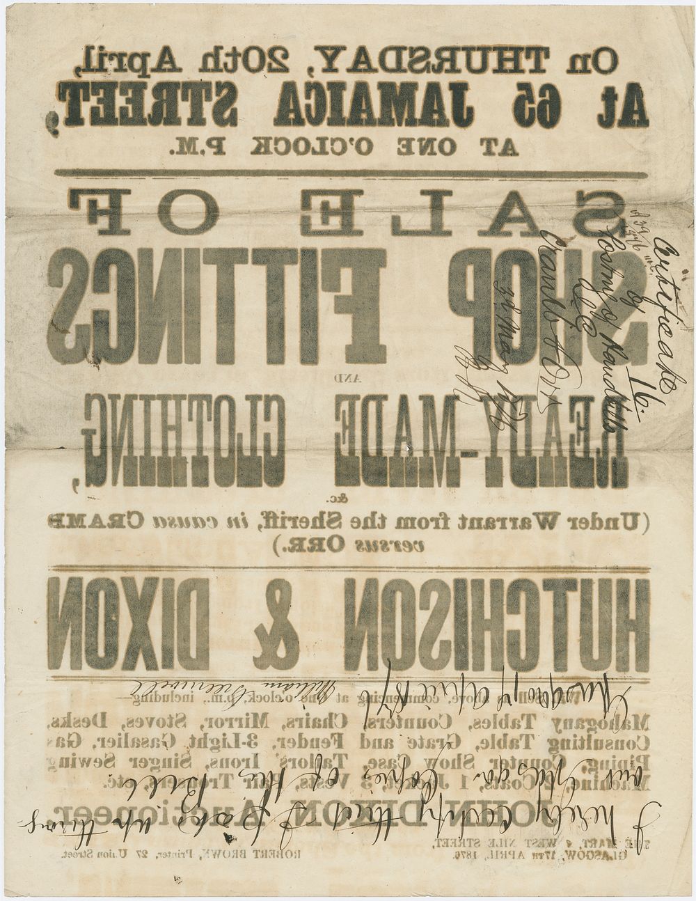 Sale of shop fittings and ready-made clothing, &c. : (under warrant from the Sheriff, in causa Cramb versus Orr.).