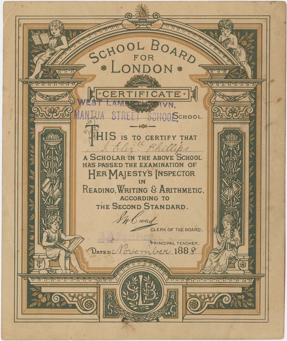 School Board for London Certificate : West Lambeth Divn. Mantua Street School.