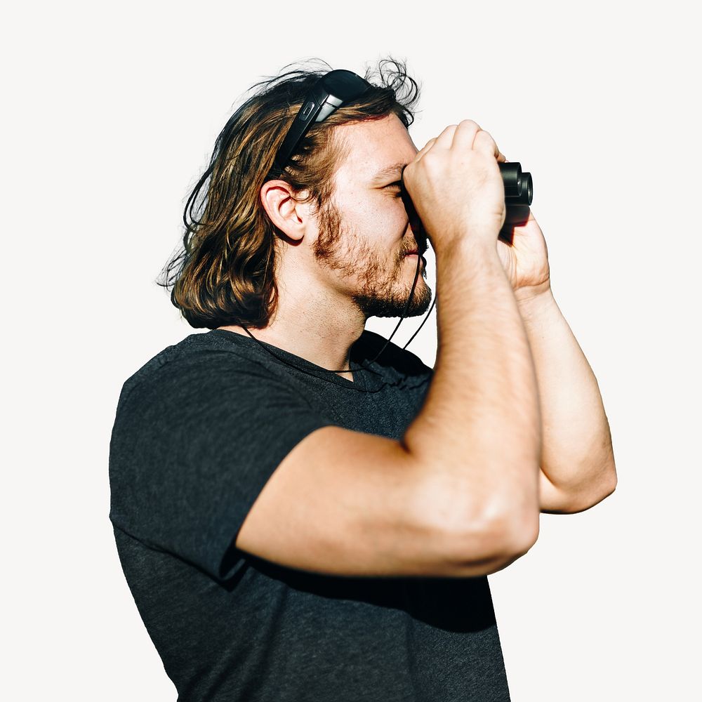 Man using binoculars, isolated image