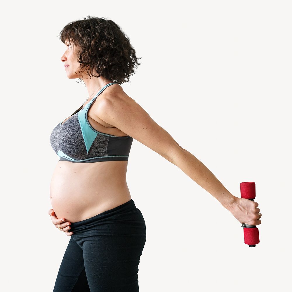 Pregnant woman exercising, isolated image