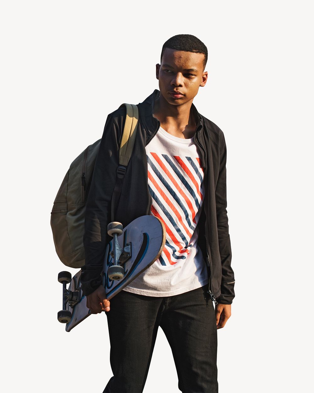Teenage boy holding skateboard, isolated image