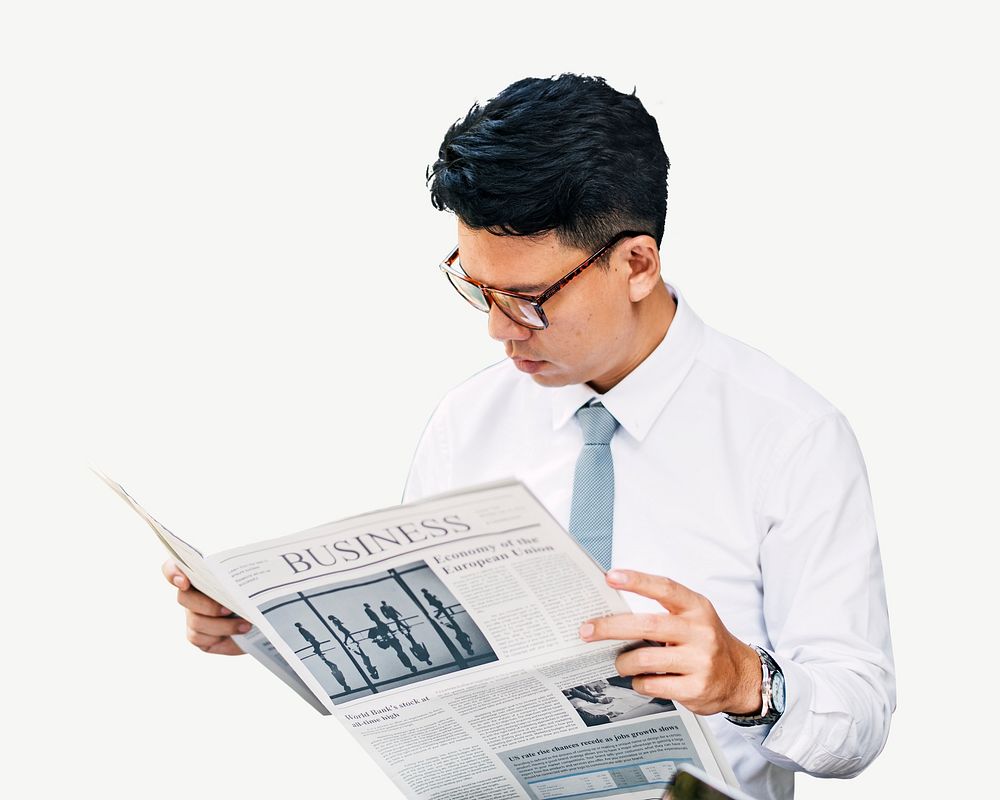 Businessman reading newspaper collage element psd