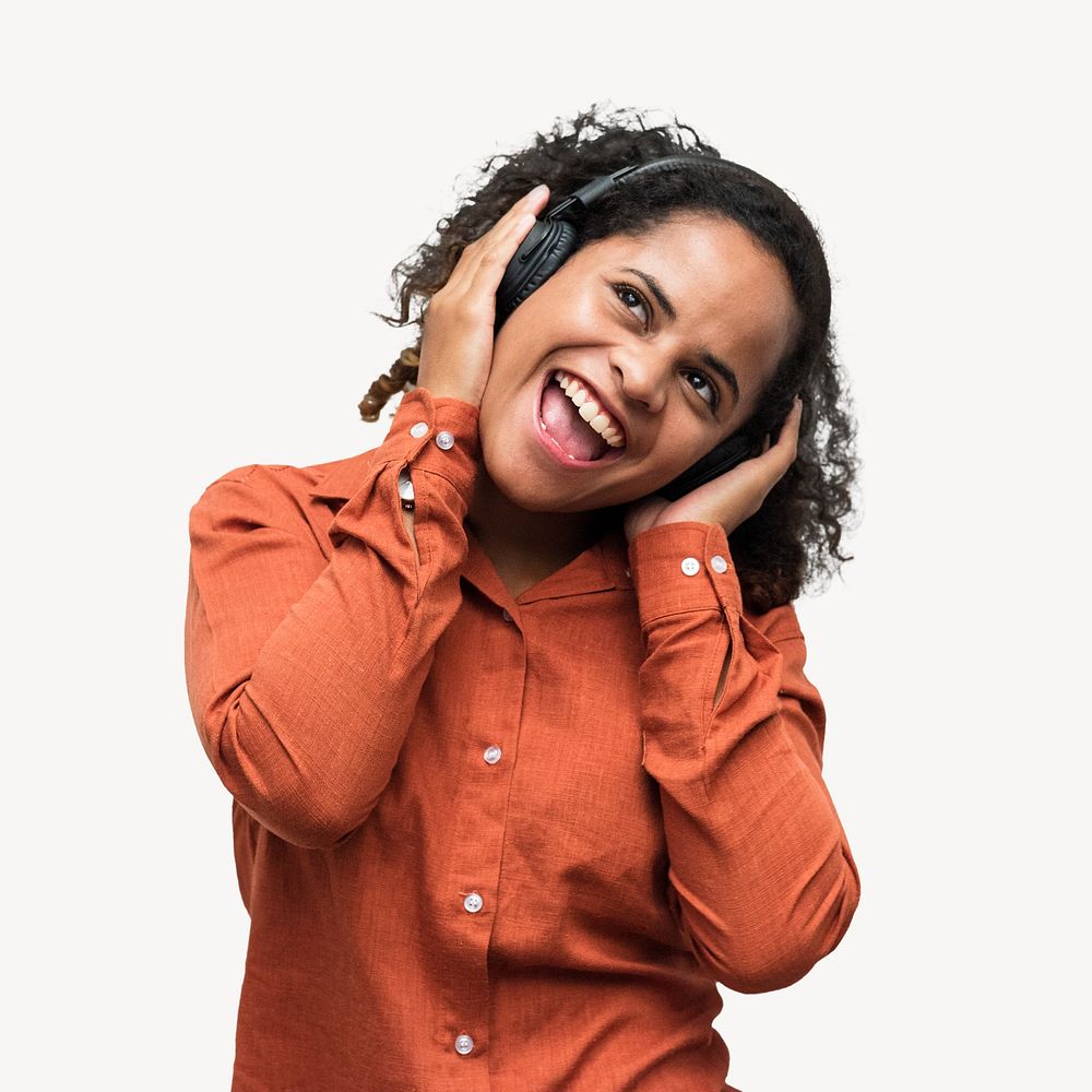 Woman listening to music, isolated image