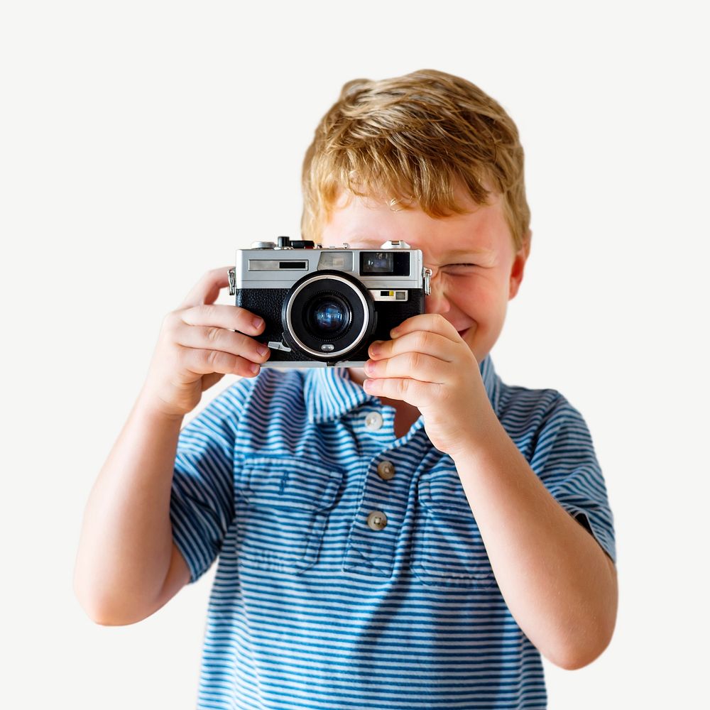 Boy holding camera collage element psd