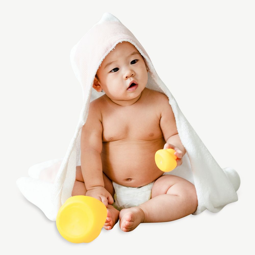 Baby in bath towel collage element psd