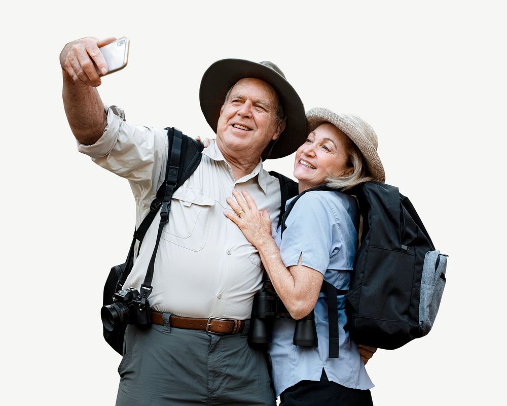 Senior couple taking selfies collage element psd