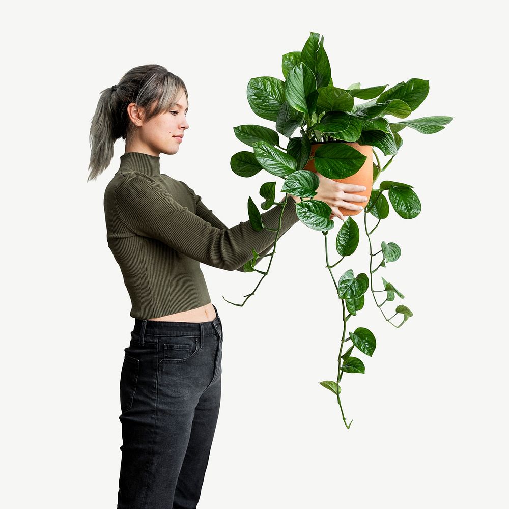 Woman holding houseplant collage element psd