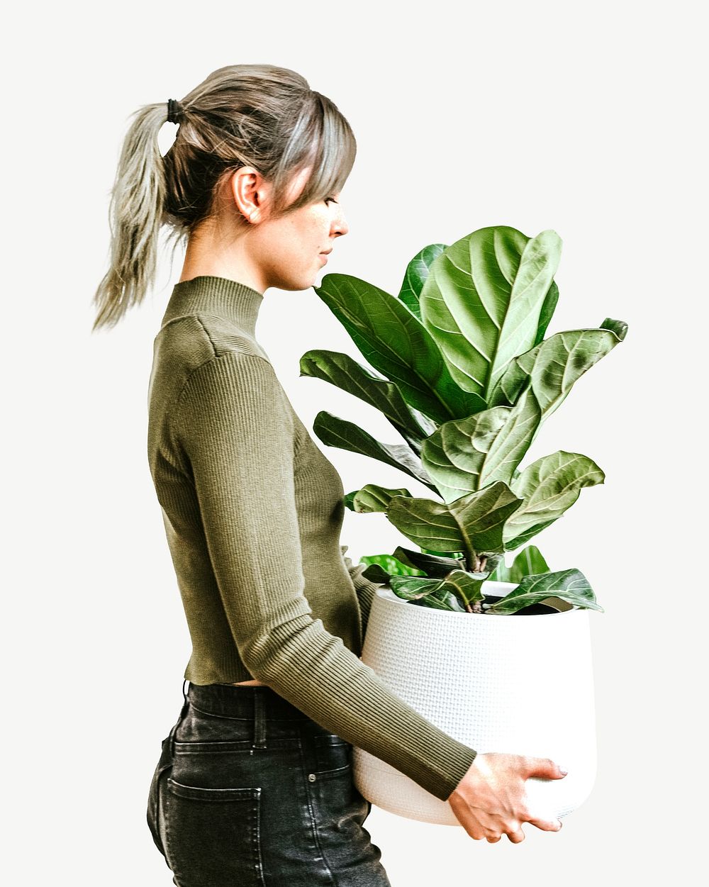Woman carrying houseplant collage element psd
