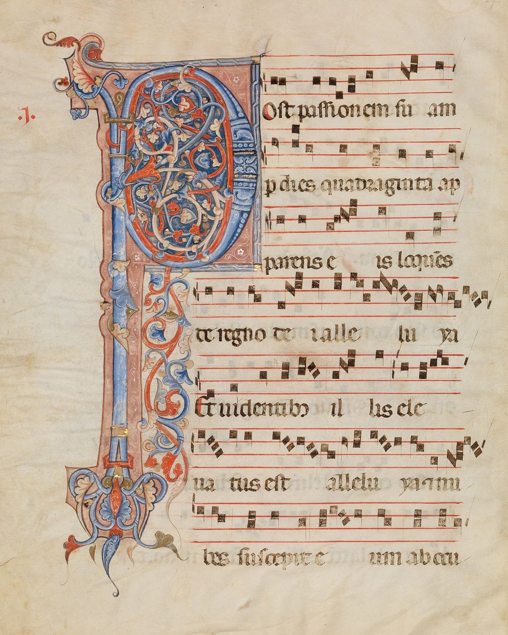 Manuscript Leaf with Foliated Initial P, from an Antiphonary, Italian