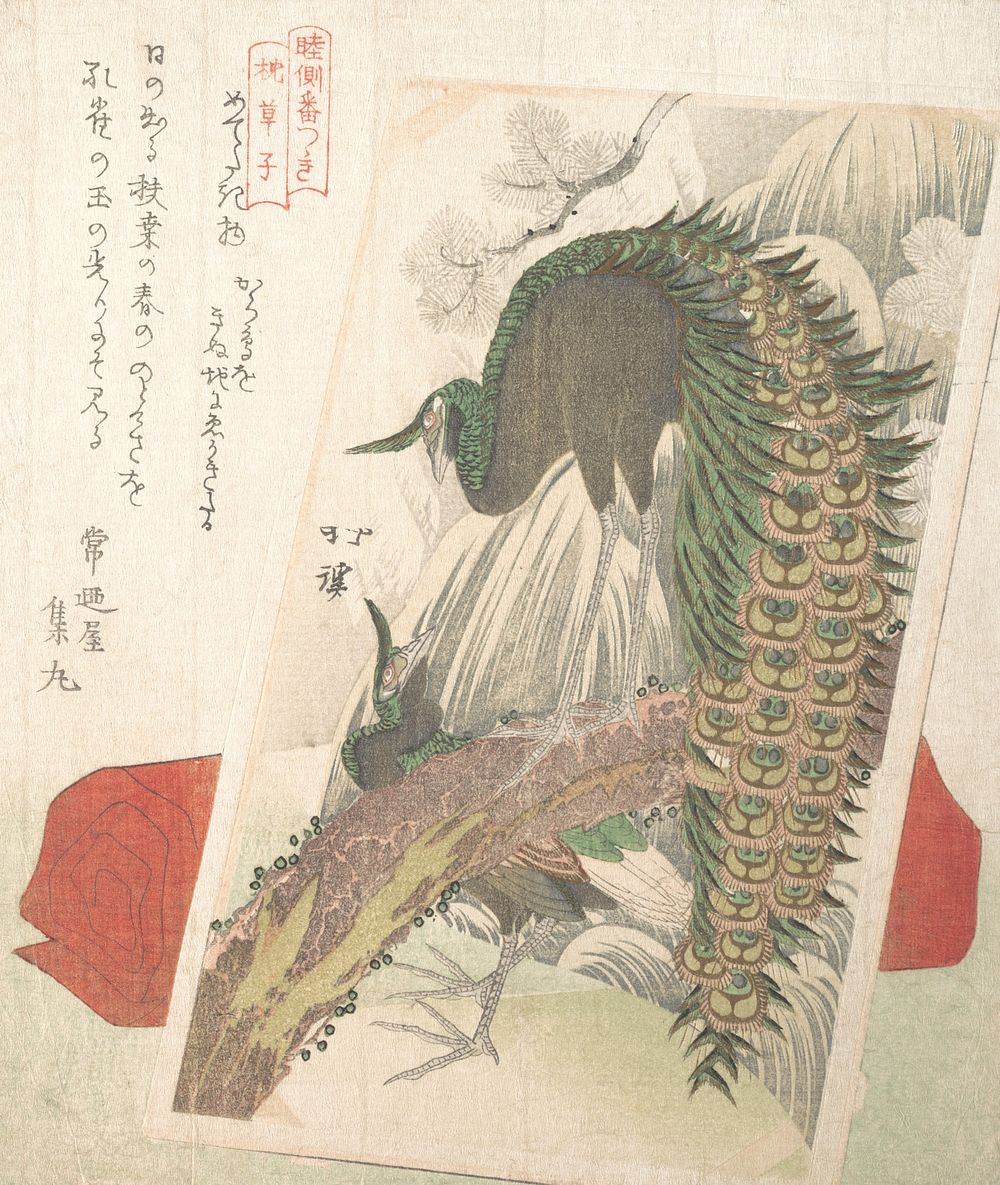 Painting of Peacocks, Pines, a Waterfall, and a Roll of Red Fabric by Totoya Hokkei