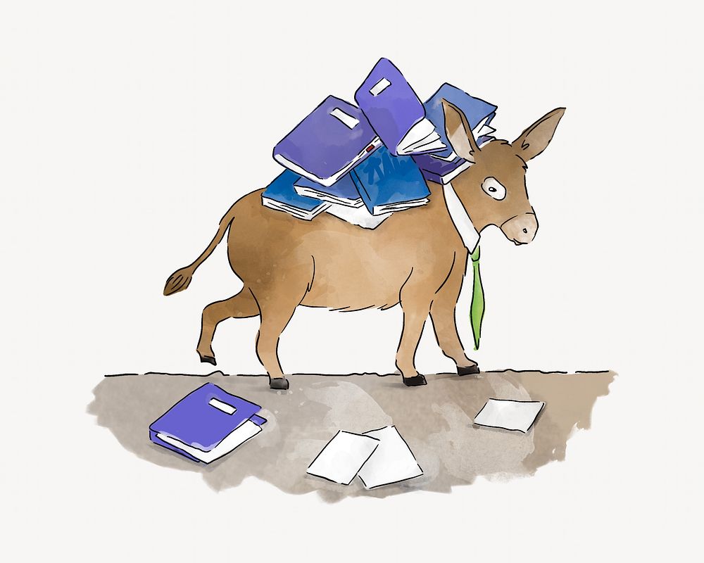 Donkey carrying a load of books, illustration isolated image