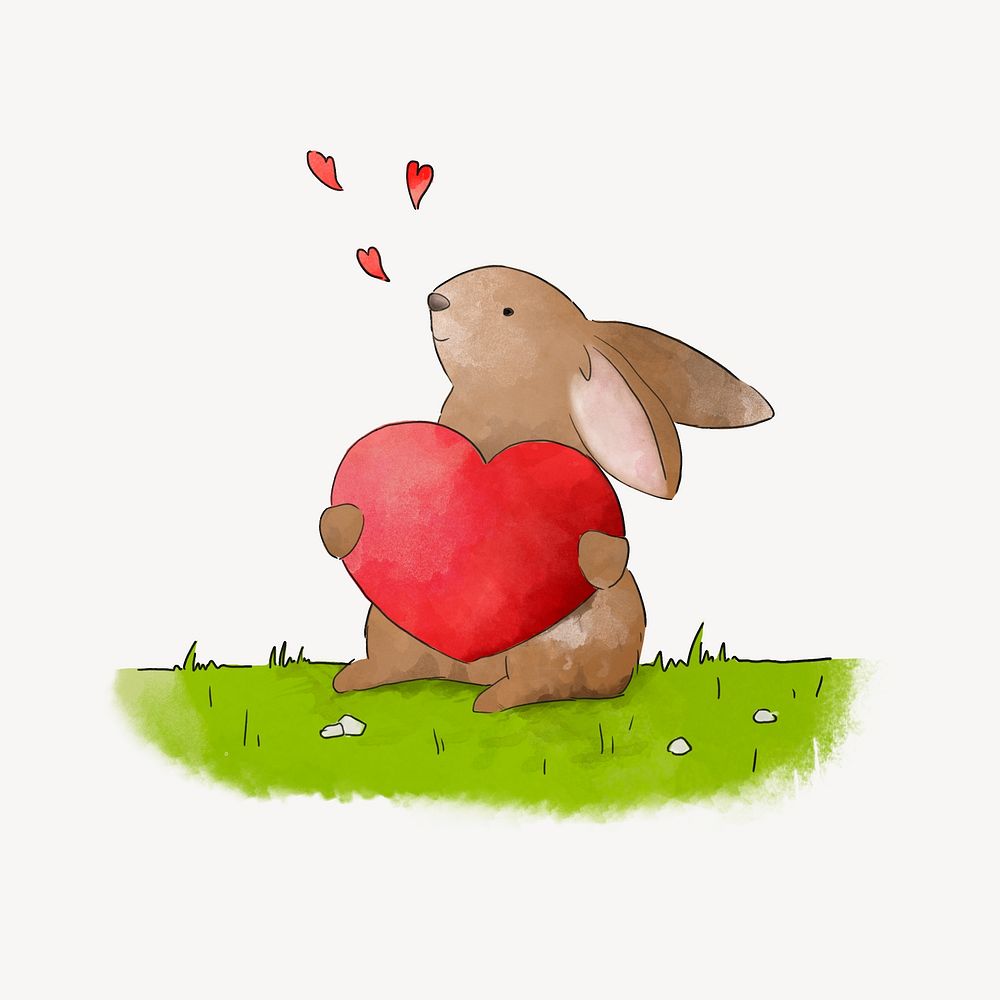 Bunny holding a red heart, illustration isolated image