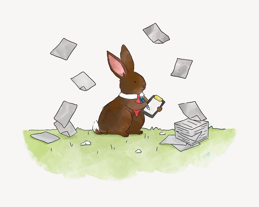 Busy bunny rabbit signing documents, illustration isolated image