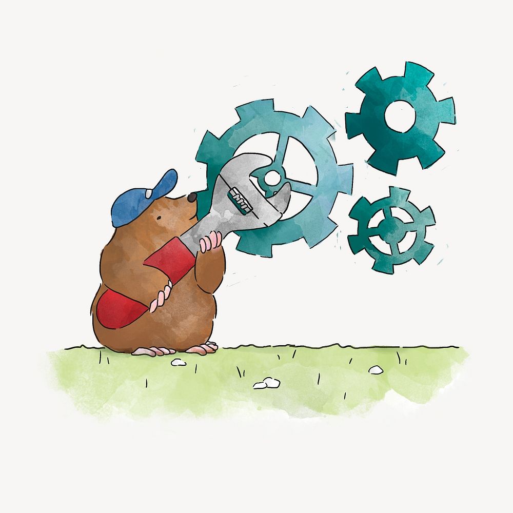 Handyman mole screwing on a gear, illustration isolated image