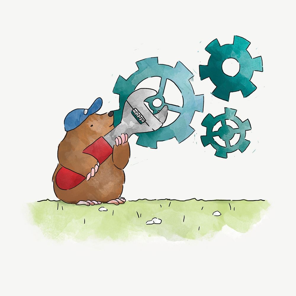 Handyman mole screwing on a gear, illustration collage element psd