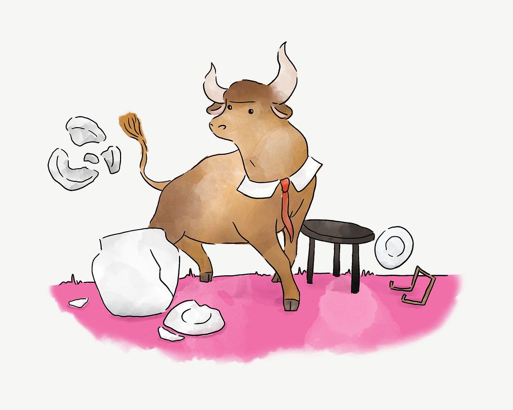 Stressed bull making a mess, illustration collage element psd