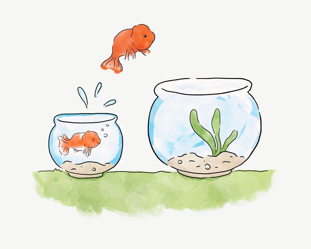 Goldfish jumping into a bigger bowl, illustration collage element psd