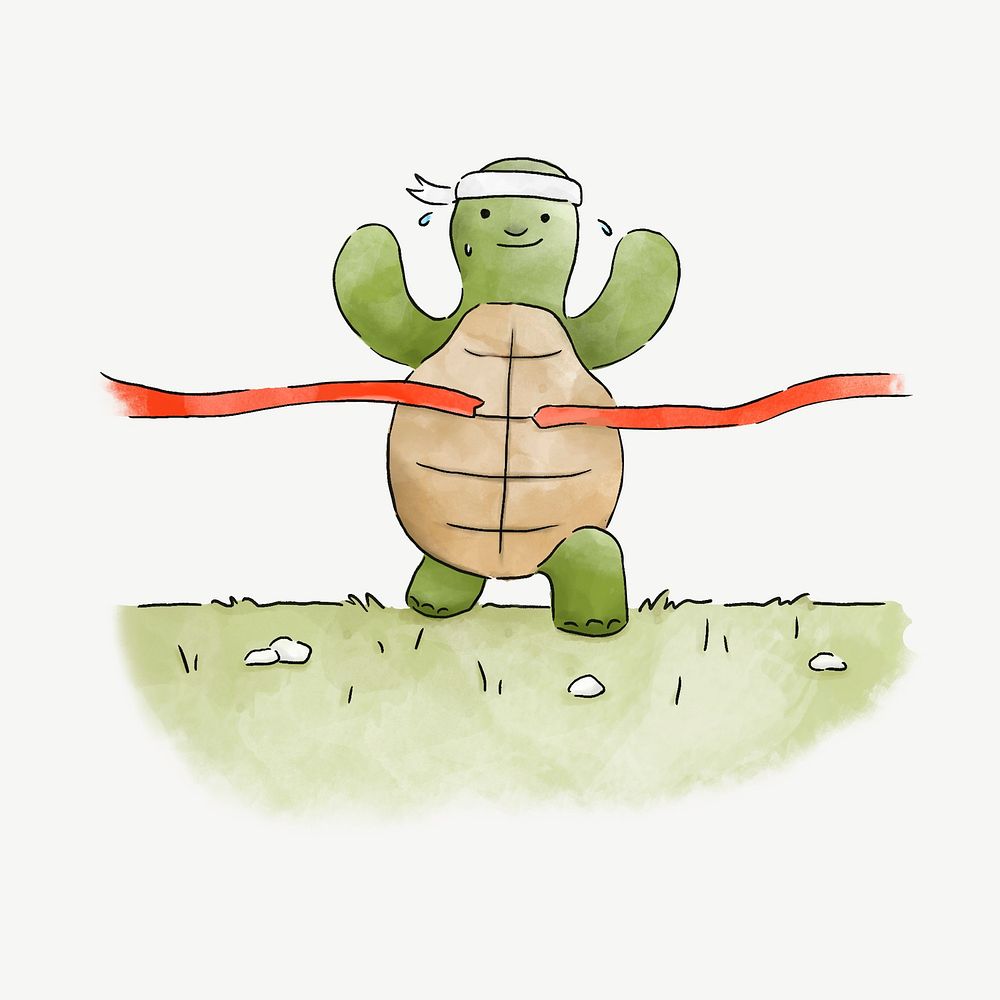 Speedy turtle running to the finish line, illustration collage element psd