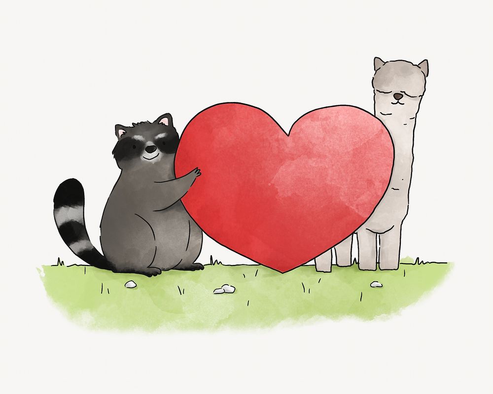 Raccoon and lama in love, illustration isolated image