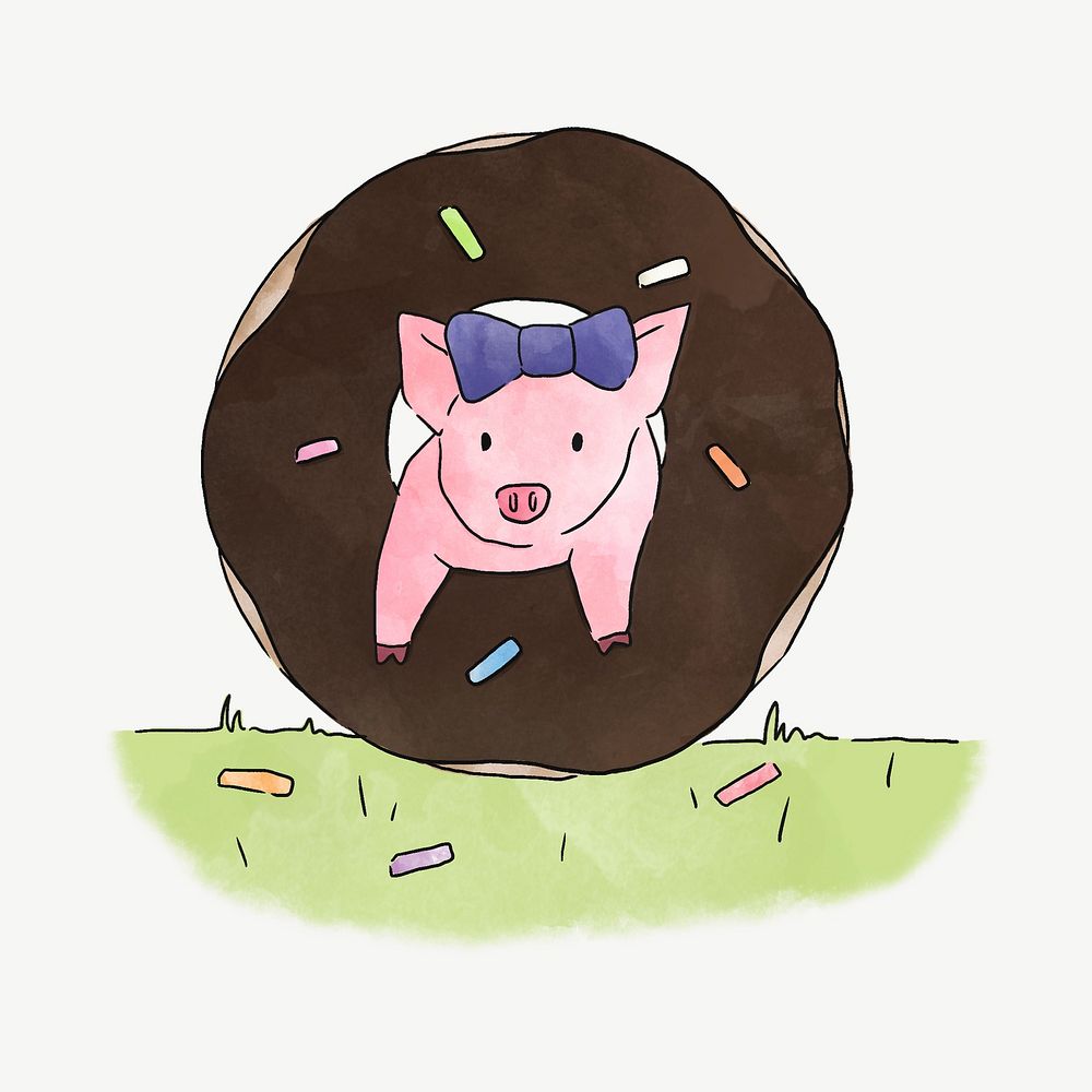 Piggy jumping through a doughnut, illustration collage element psd