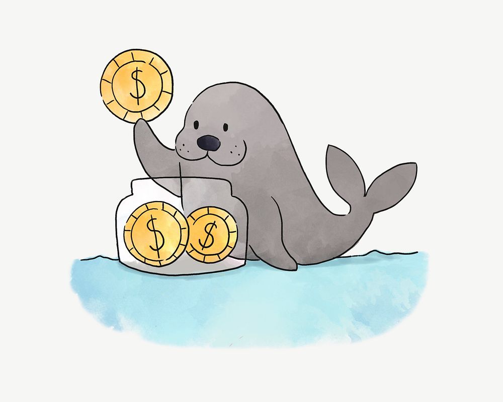 Seal saving coins in a jar, illustration collage element psd