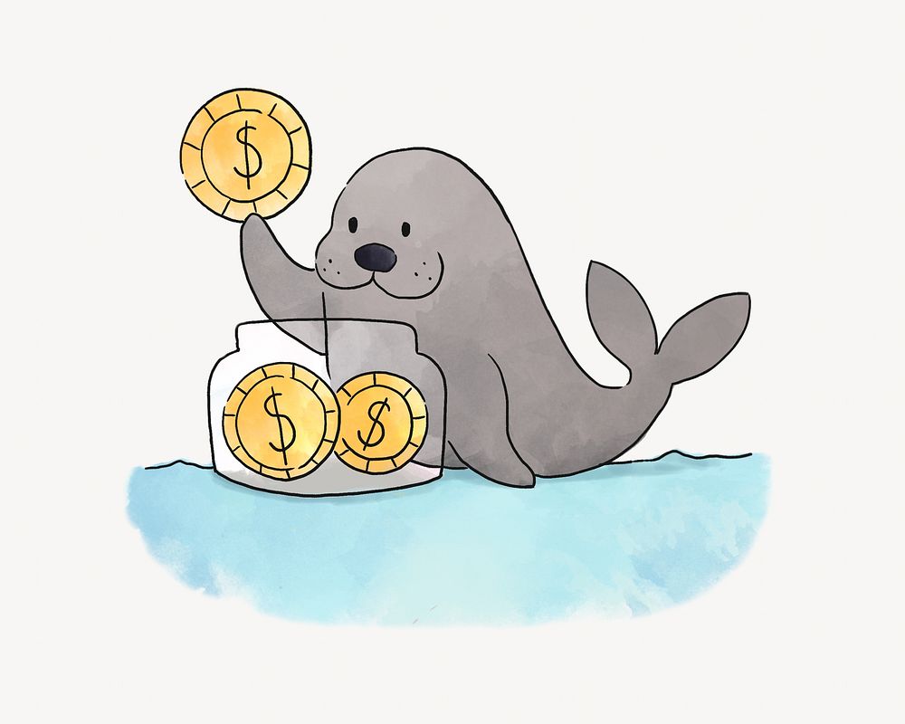 Seal saving coins in a jar, illustration isolated image